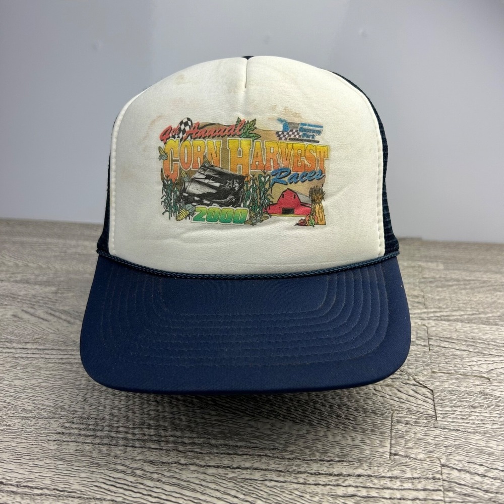 Vintage 2000 Corn Harvest Races Trucker Hat Cap Snap Back Adjustable White Blue